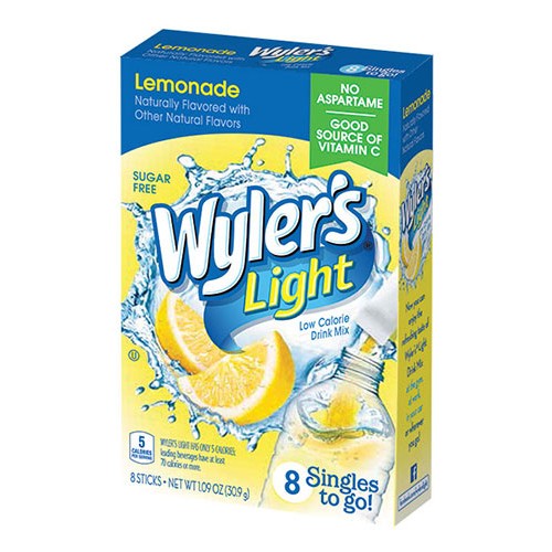 Front of Wyler's Lemonade Singles To Go pack showing bright logo, lemons, sugar-free label, and claims with 8 sticks (30.9g total)