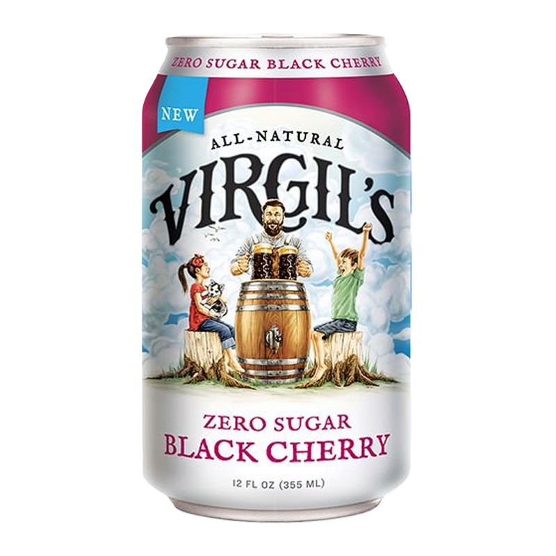 Front of Virgil's Zero Sugar Black Cherry Soda Can showing brand logo, black cherry flavour, and 355ml size