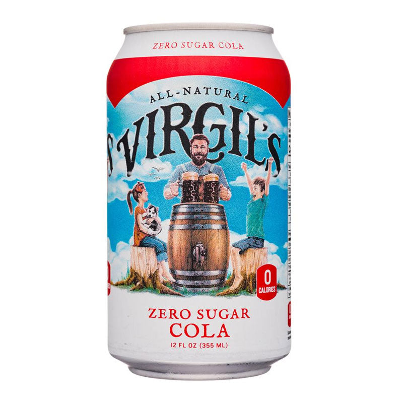 Front of Virgil's Zero Sugar Cola can featuring a vibrant design with the logo, zero sugar label, and 355ml size displayed.