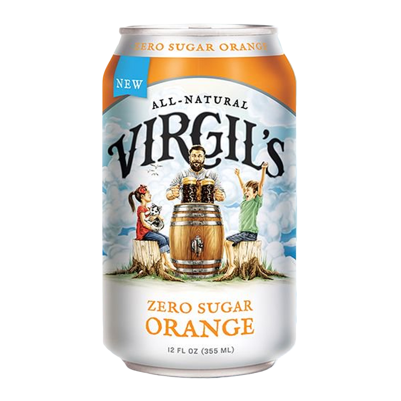 Front of Virgil's Zero Sugar Orange Soda can featuring logo, orange flavour label, and 355ml size indication.