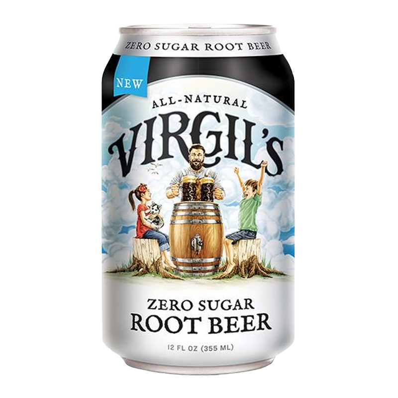 Front of Virgil's Zero Sugar Root Beer Can showing brand logo, root beer label, and imagery of people enjoying beverages (355ml can)