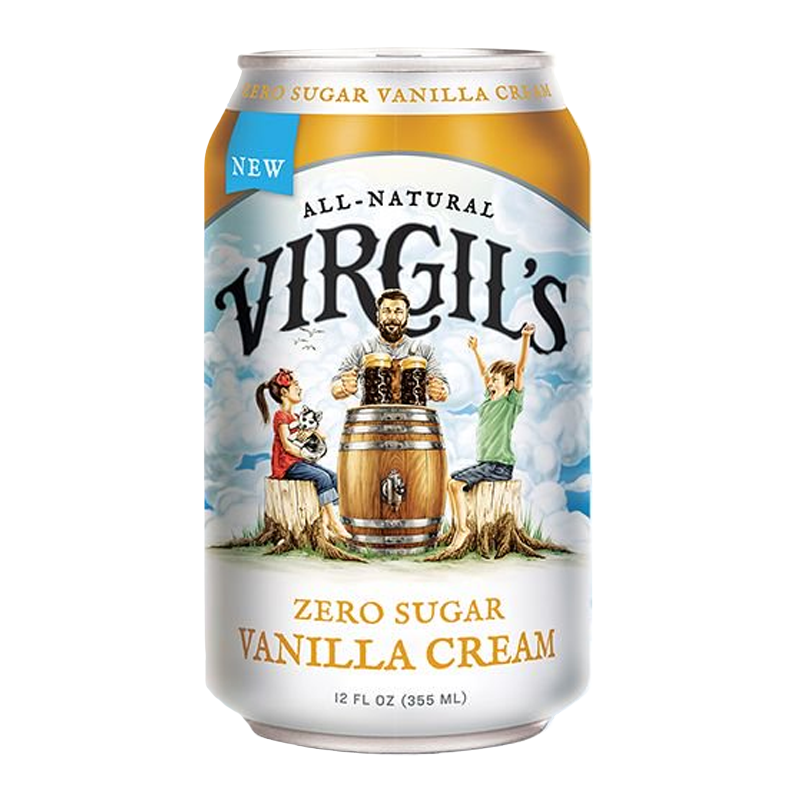 Front of Virgil's Zero Sugar Vanilla Cream Soda Can showing brand logo, zero sugar label, vanilla cream flavour, and 355ml pack size.