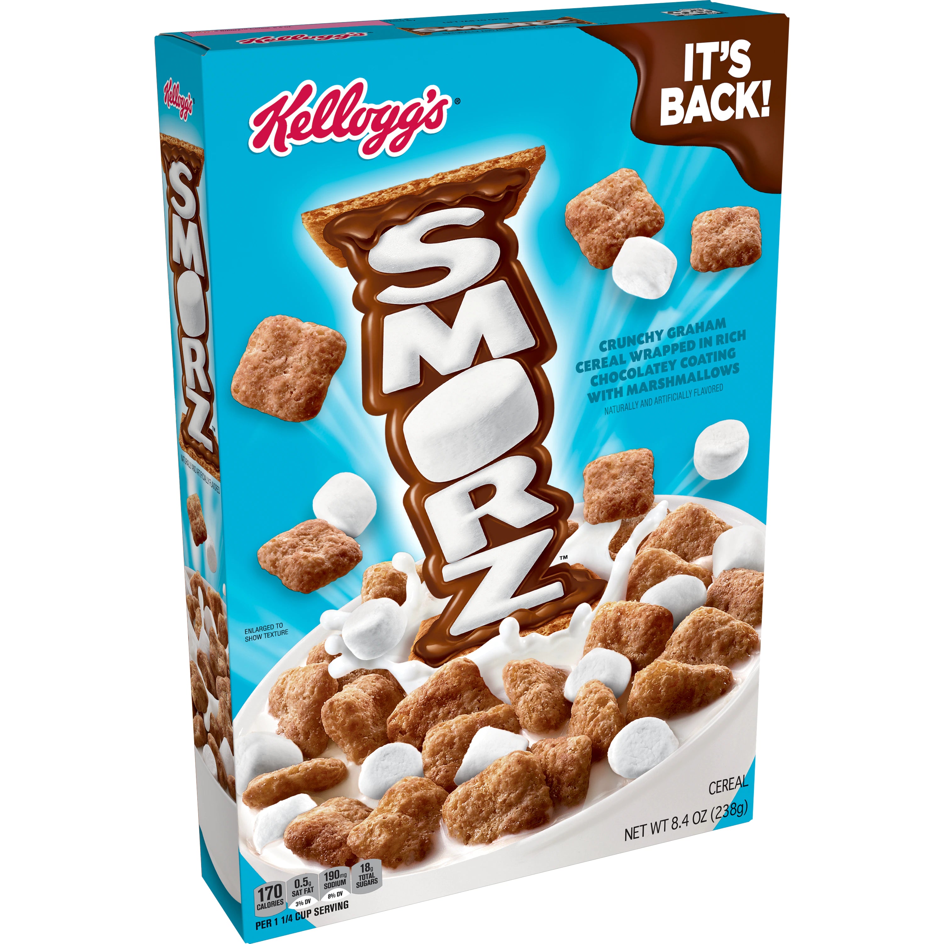 Front of Kellogg's Smorz Cereal box showing logo, crunchy graham cereal pieces, chocolatey coating, marshmallows, and pack size of 238g.
