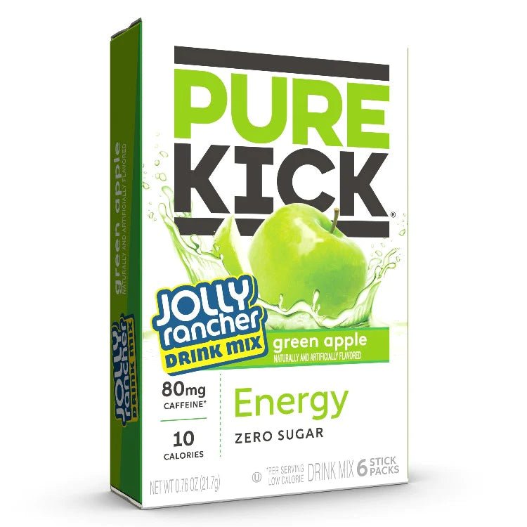 Front of Pure Kick Energy x Jolly Rancher Green Apple Singles to Go box showing bold green apple graphics, Jolly Rancher logo, and energy drink mix details (21.7g)