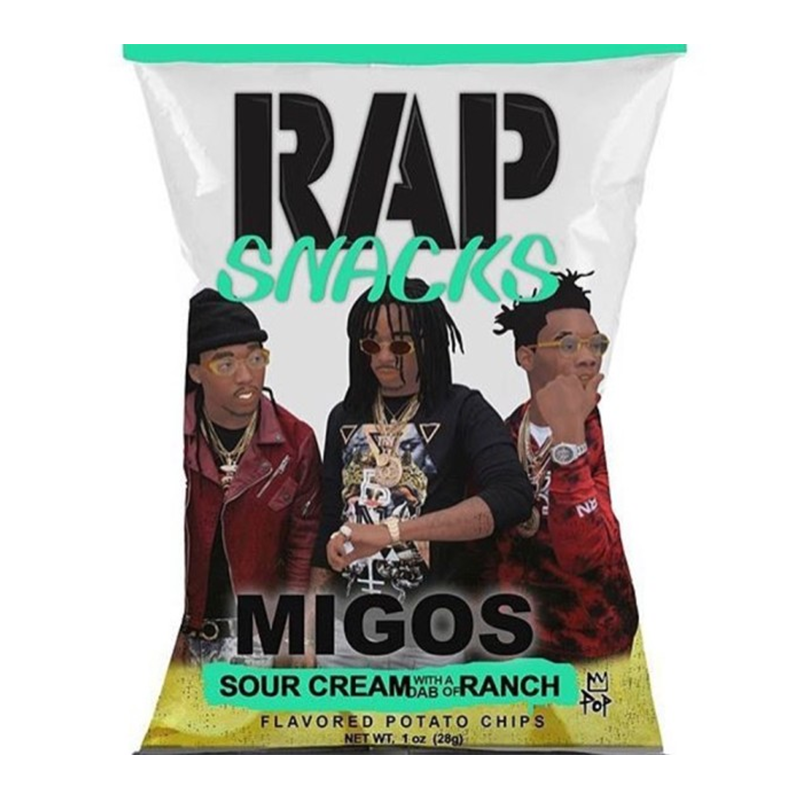 Front of Rap Snacks Migos Sour Cream & Ranch bag showing bold logo, images of Migos members, and flavour details (71g pack)