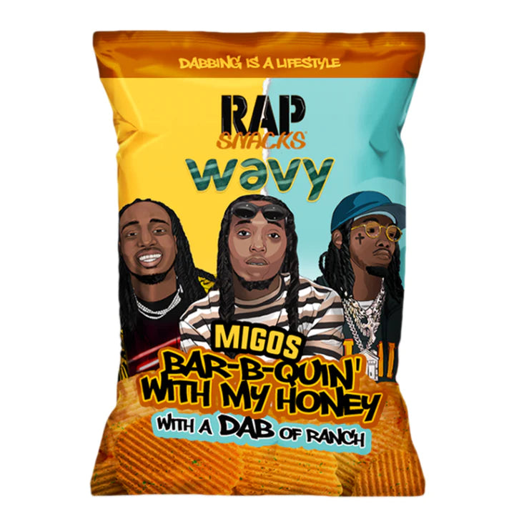 Front of Rap Snacks Migos Wavy Bar-B-Q Honey & Ranch bag showing vibrant design, BBQ and honey flavour details, and 71g pack size