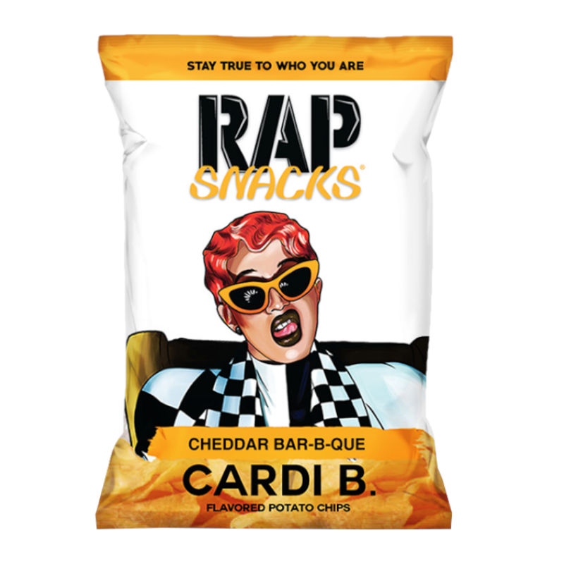 Front of Rap Snacks Cardi B Cheddar Bar-b-que Potato Chips bag featuring a colourful illustration, the product name, and 28g pack size