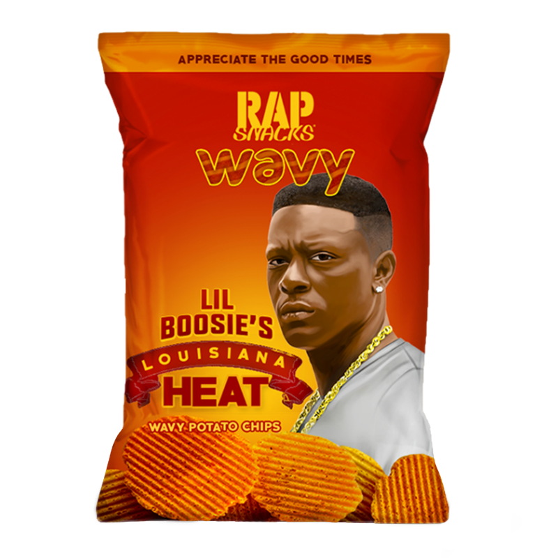 Front of Rap Snacks Louisiana Heat bag showcasing bold red and orange colours, featuring the product name and image of wavy potato chips (71g pack)