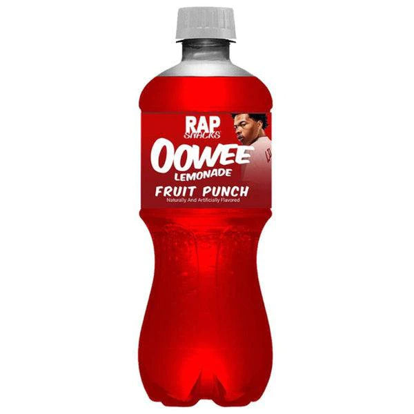 Front of Rap Snacks Lemonade Fruit Punch bottle showing vibrant red drink, brand logo, product name, and 591ml size.