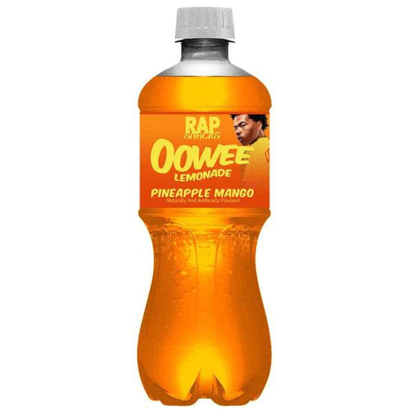 Front of a Rap Snacks Lemonade Mango Pineapple bottle showing bright orange label, lemonade branding, and images of mango (591ml bottle)