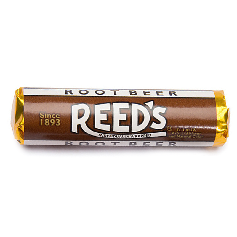 Front of Reed's Root Beer Flavored Hard Candy Roll showing logo and candy packaging with root beer flavour banner (29g)