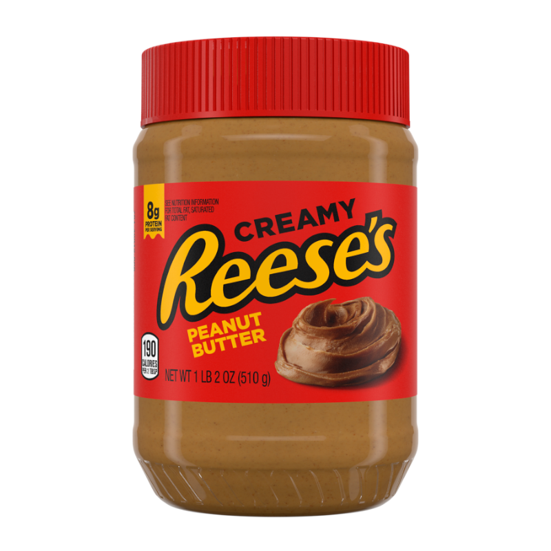 Front of a jar of Reese's Creamy Peanut Butter, showcasing the logo and creamy texture, with a 510g label.