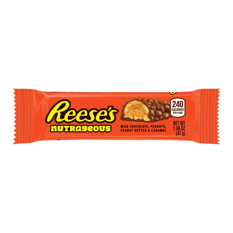 Front of Reese's Nutrageous Bar showing the brand logo, milk chocolate, peanuts, peanut butter, and caramel details on the packaging (47g)