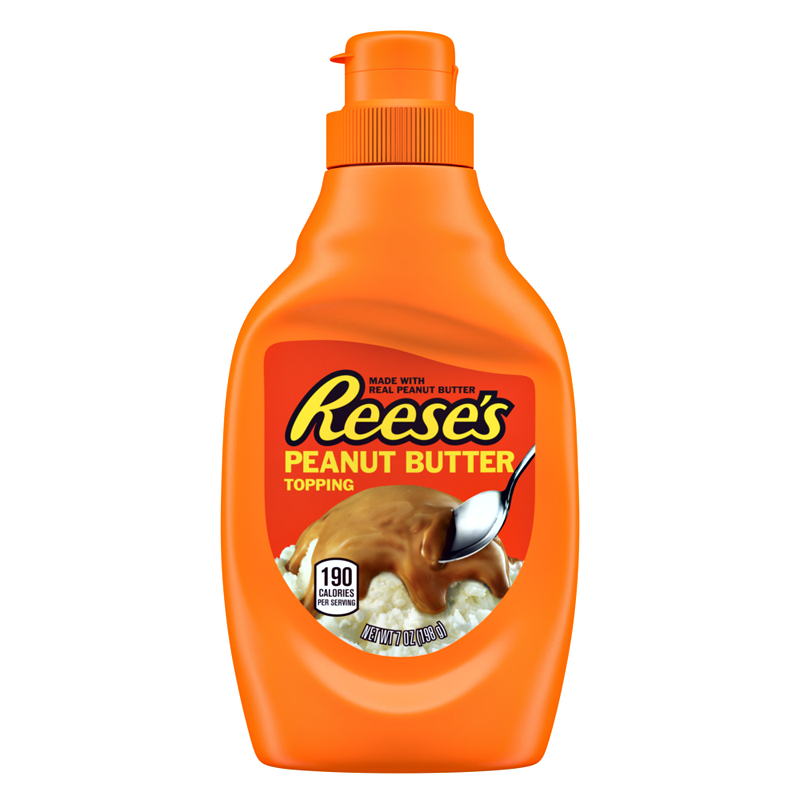 Front of Reese's Peanut Butter Topping bottle showing orange design, logo, and image of peanut butter topping (198g)