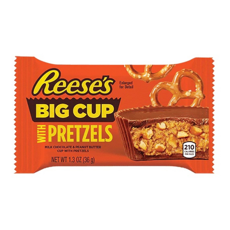 Front of Reese's Big Cup Stuffed with Pretzels showing the logo, product name, and an image of the chocolate cup with pretzel pieces (36g pack)