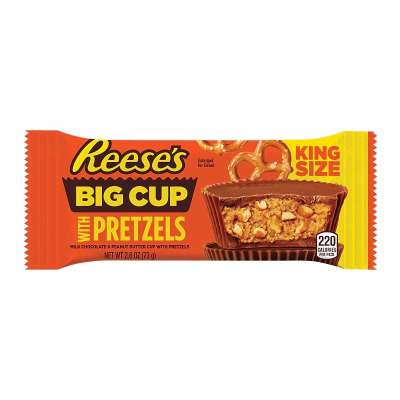Front of Reese's Big Cup Stuffed with Pretzels King Size (73g) wrapper featuring the logo, product name, and an image of the chocolate cup and pretzels.