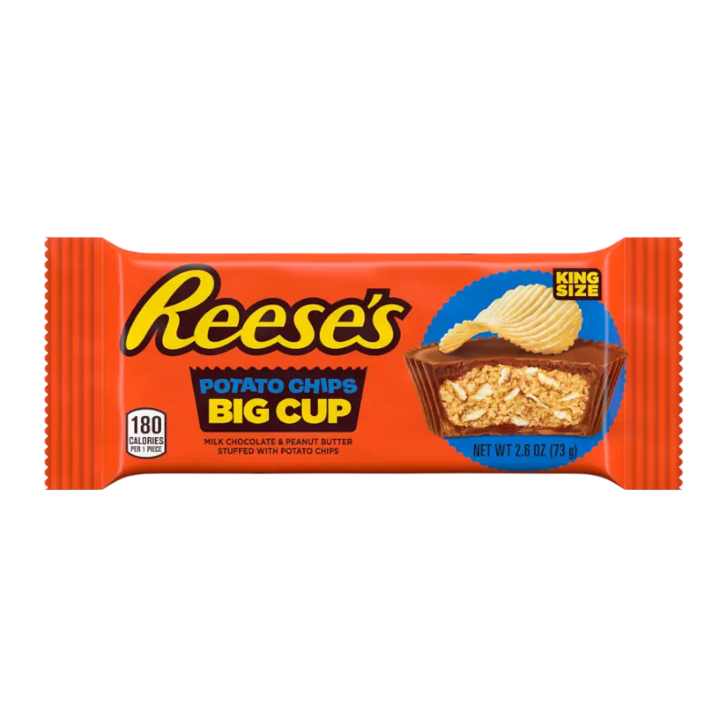Front of Reese's Big Cup Stuffed with Potato Chips King Size (73g) showing bright orange packaging, product name, and delicious chocolate cup with potato chips.