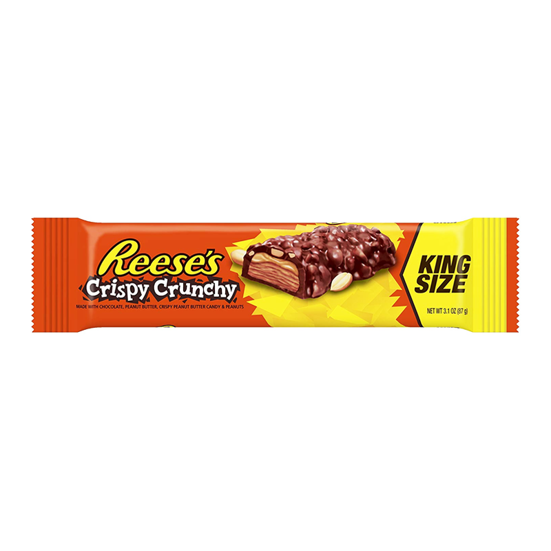 Front of Reese's Crispy Crunchy King Size Bar wrapper showing logo, chocolate and peanut butter textures, and the 82g size label.