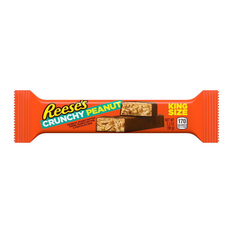 Front of Reese's Crunchy Peanut King Size chocolate bar showing orange packaging with logo and images of crunchy peanuts (90g)