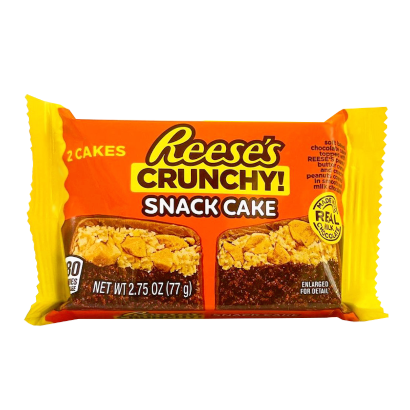 Front of Reese's Crunchy Snack Cake pack showing Reese's logo, flavour details, and two cakes in a colourful wrapper (77g pack)