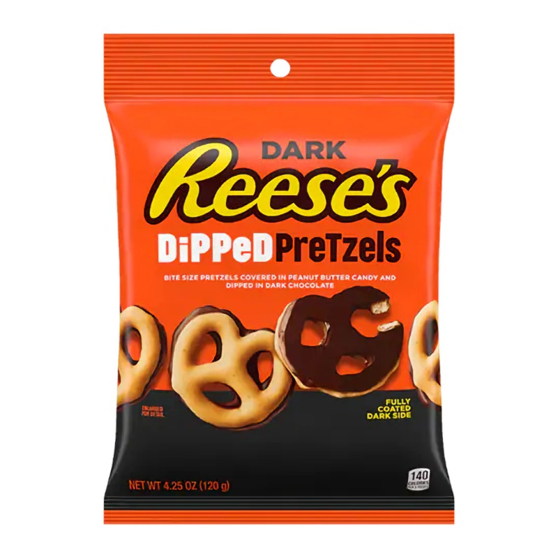 Front of Reese's Dark Chocolate Dipped Pretzels bag showing vibrant orange packaging, logo, pretzel images, and 120g net weight