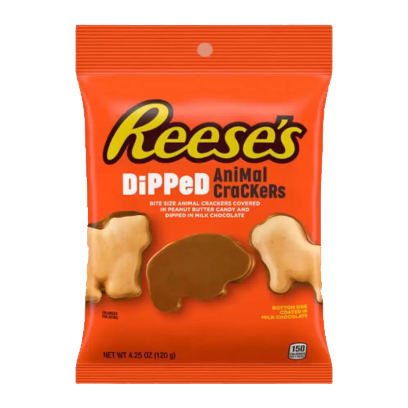 Front of Reese's Dipped Animal Crackers bag showing the orange background, brand logo, and bite-sized animal crackers (120g pack)