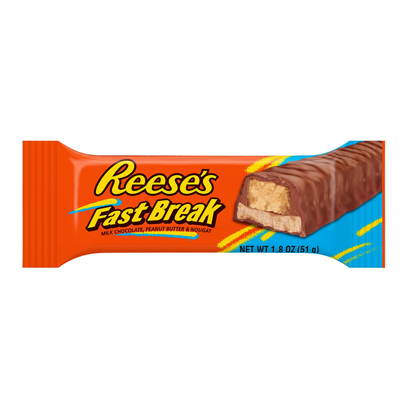 Front of Reese's Fast Break wrapper showing bold orange packaging with logo, milk chocolate, peanut butter, and nougat details (51g)