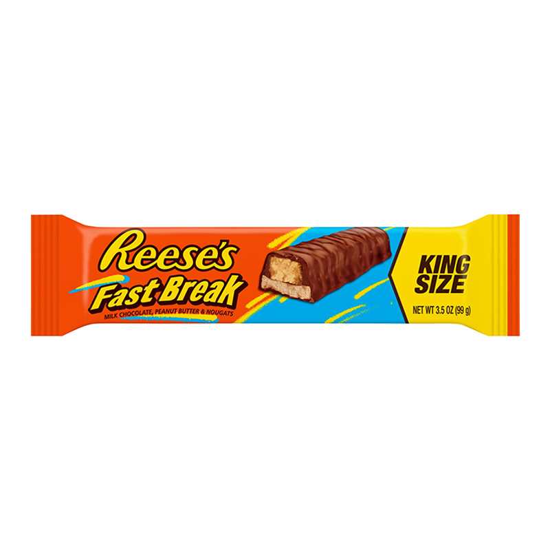 Front of Reese's Fast Break Bar showing the vibrant orange wrapper, bold logo, and details of milk chocolate, peanut butter, and nougat, King Size (99g)