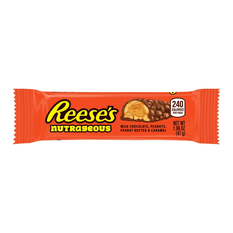 Front of Reese's Nutrageous Bar showing the brand logo, milk chocolate, peanuts, peanut butter, and caramel details on the packaging (47g)