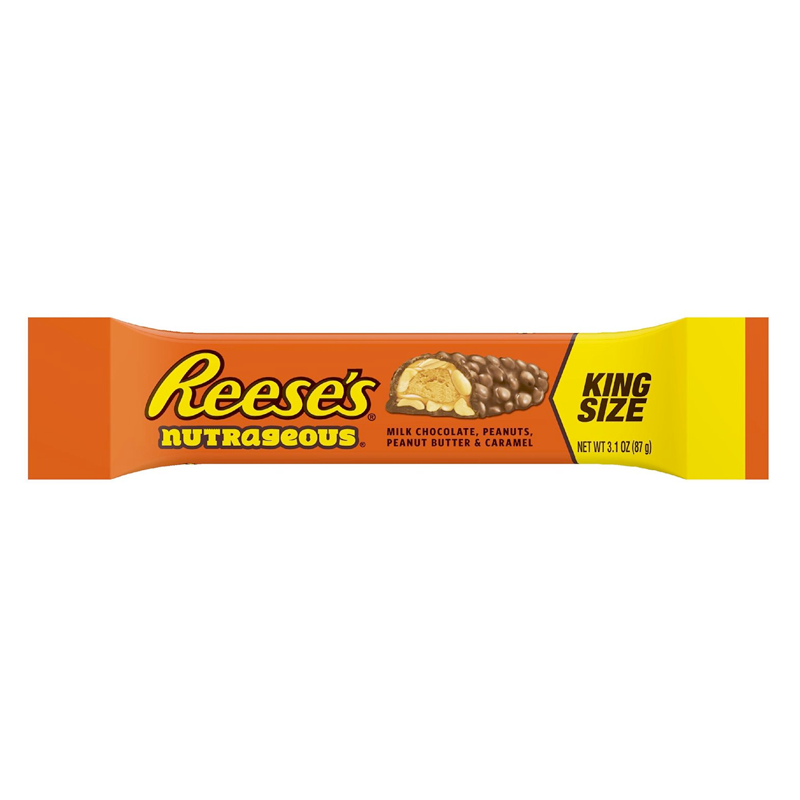 Front of Reese's Nutrageous Bar showing brand logo, milk chocolate, peanuts, peanut butter, and caramel details, King Size Bar (87g)