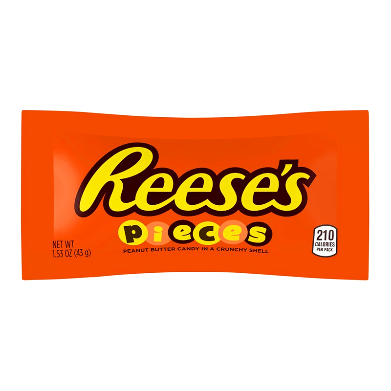 Front of a pack of Reese's Pieces showing vibrant orange packaging with bold lettering, peanut butter candy in a crunchy shell, and 43g weight.
