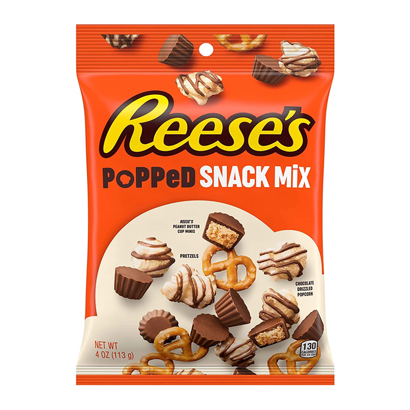 Front of a bag of Reese's Popped Snack Mix showing logo, peanut butter cup minis, pretzels, and chocolate drizzled popcorn (113g pack)