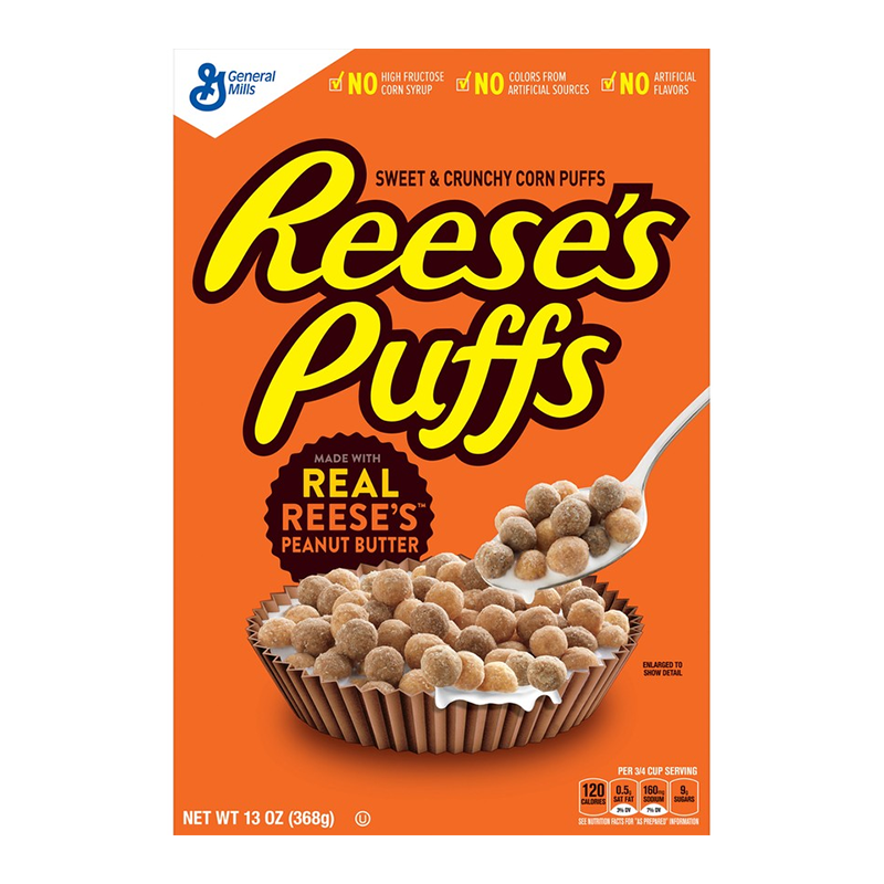 Front of Reese's Puffs Cereal box featuring bold orange design, logo, and image of corn puffs in a bowl (326g pack)