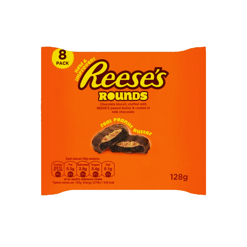 Front of Reese's Peanut Butter Rounds 8-Pack showing orange packaging, title, and image of chocolate biscuit filled with peanut butter (128g pack)