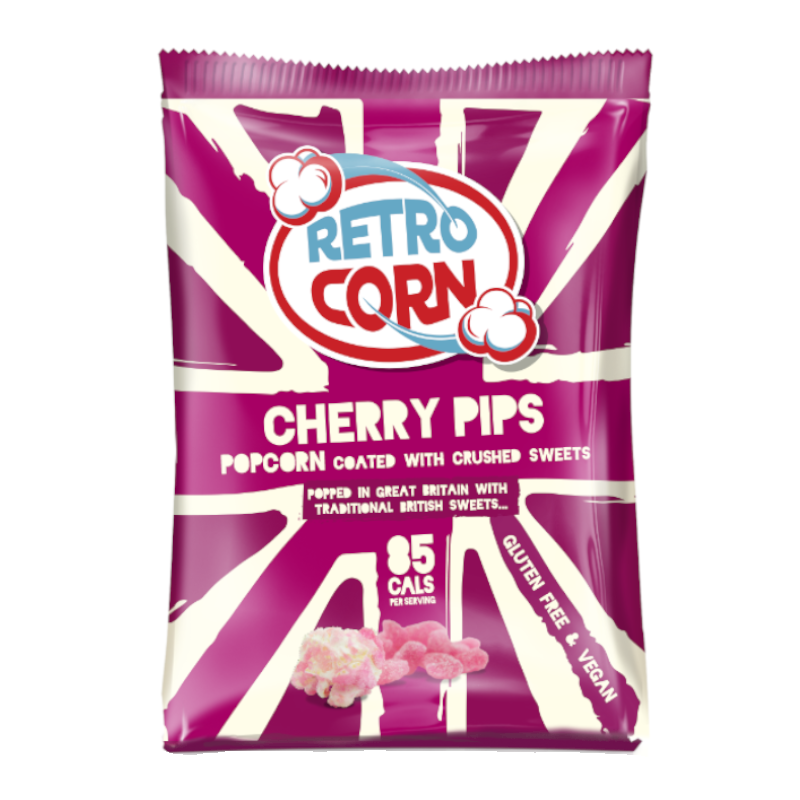 Front of Retrocorn Cherry Pips Popcorn bag featuring cherry flavour label, 35g pack size, and eye-catching design with crushed sweets illustration.