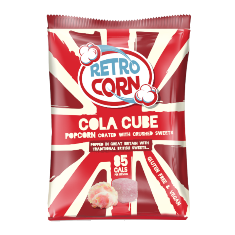 Front of Retrocorn Cola Cube Popcorn bag displaying the brand logo, cola cube flavour, and pack size (35g)
