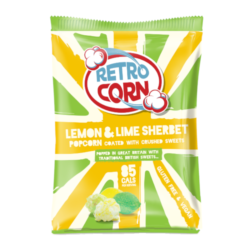 Front of Retrocorn Lemon Lime Sherbet Popcorn bag showcasing vibrant design, logo, and lemon lime sherbet flavour (35g pack)