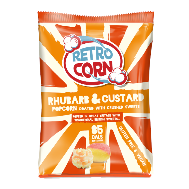 Front of Retrocorn Rhubarb & Custard Popcorn bag featuring the logo, rhubarb and custard flavour label, and 35g pack size.