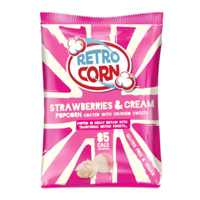 Front of Retrocorn Strawberries & Cream Popcorn bag with logo, pink design, and description of popcorn coated with crushed sweets (35g pack)