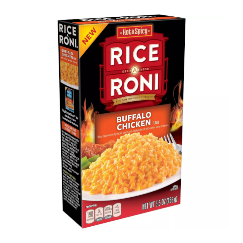 Front of Rice-A-Roni Buffalo Chicken box featuring the brand logo, bold flavour label, and serving of rice with a spicy appearance (156g pack)