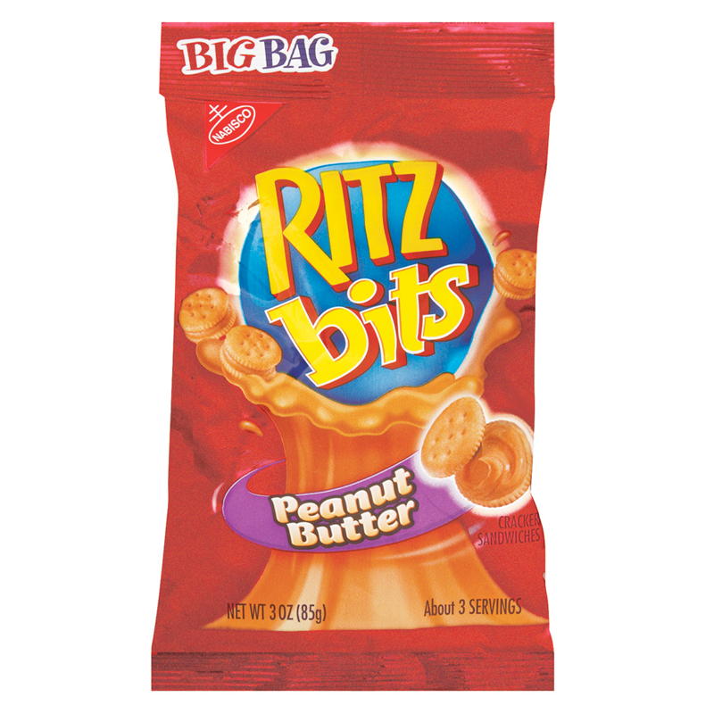 Front of Ritz Bits Peanut Butter bag showing the colourful logo, peanut butter flavour label, and crackers (85g pack)