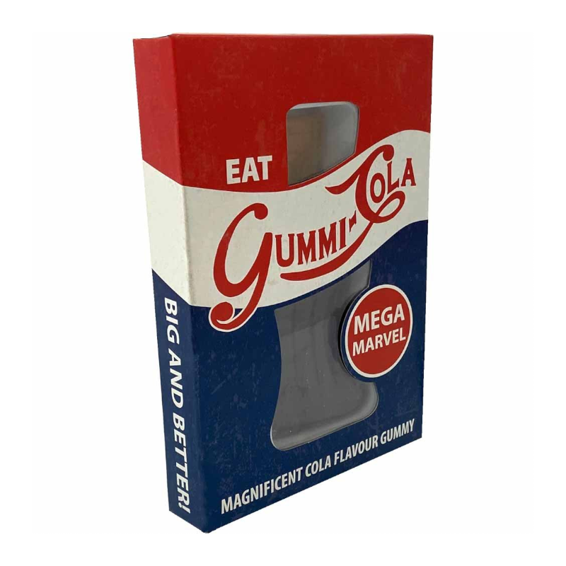 Front of Mega Cola Bottle gummy pack showing bold red and blue design, with 'Mega Cola Bottle' and '100g' label details.