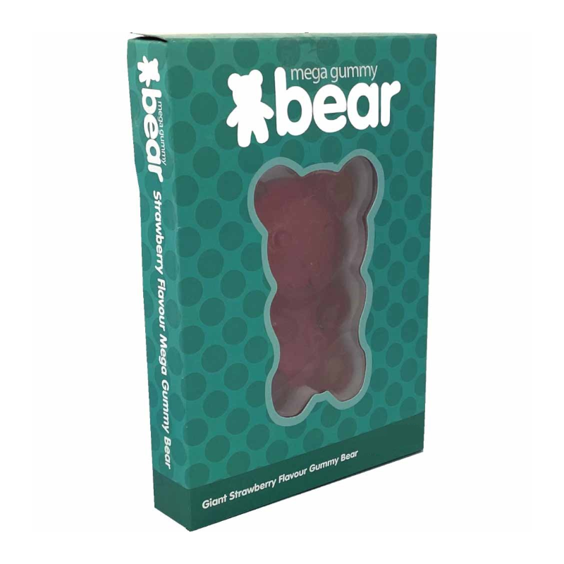 Front of Mega Gummy Bear packaging showing green design, giant strawberry flavour gummy bear, and 100g pack size