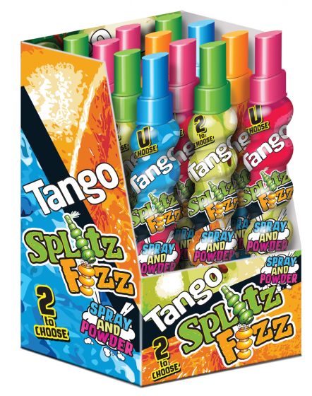 Front of Tango Splits Fizz Spray and Powder (80g) featuring vibrant packaging with colourful sprays and playful branding