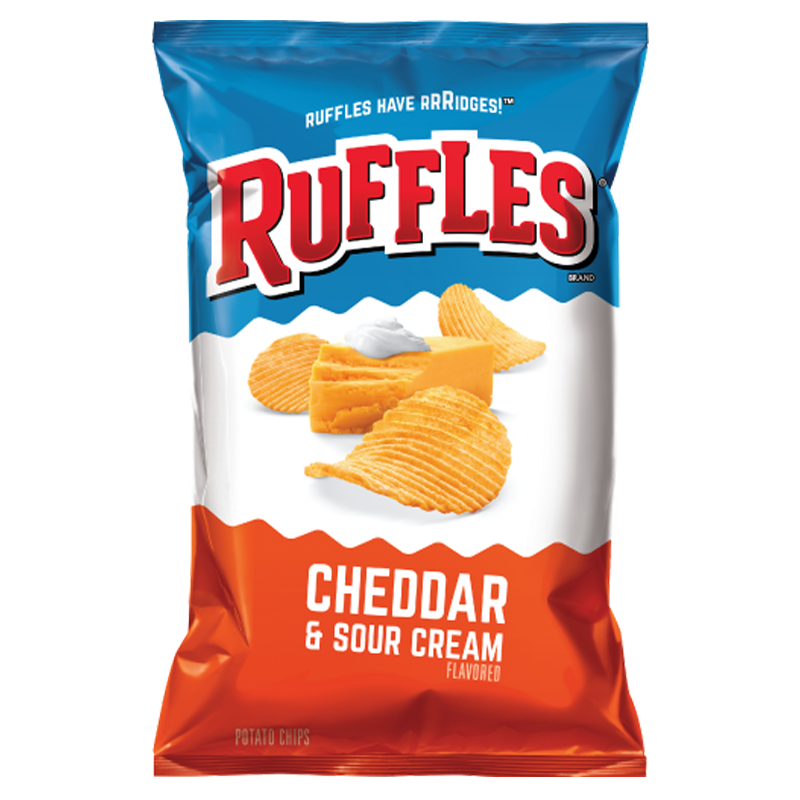 Front of a Ruffles Potato Chips bag featuring the logo, Cheddar and Sour Cream flavour, and ridged chips design (184.2g pack)