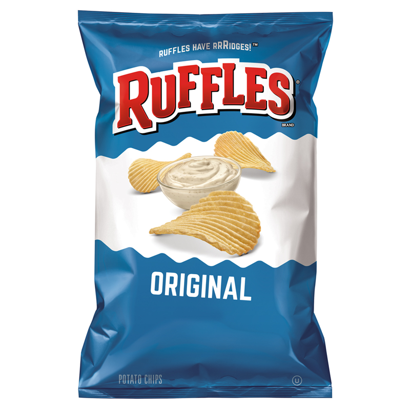 Front of Ruffles Potato Chips Original bag showing blue background, logo, and wavy potato chips with dip (184.2g pack)