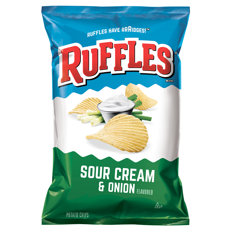 Front of Ruffles Potato Chips bag featuring the logo, sour cream and onion flavour, and ridged potato chips (184.2g pack)