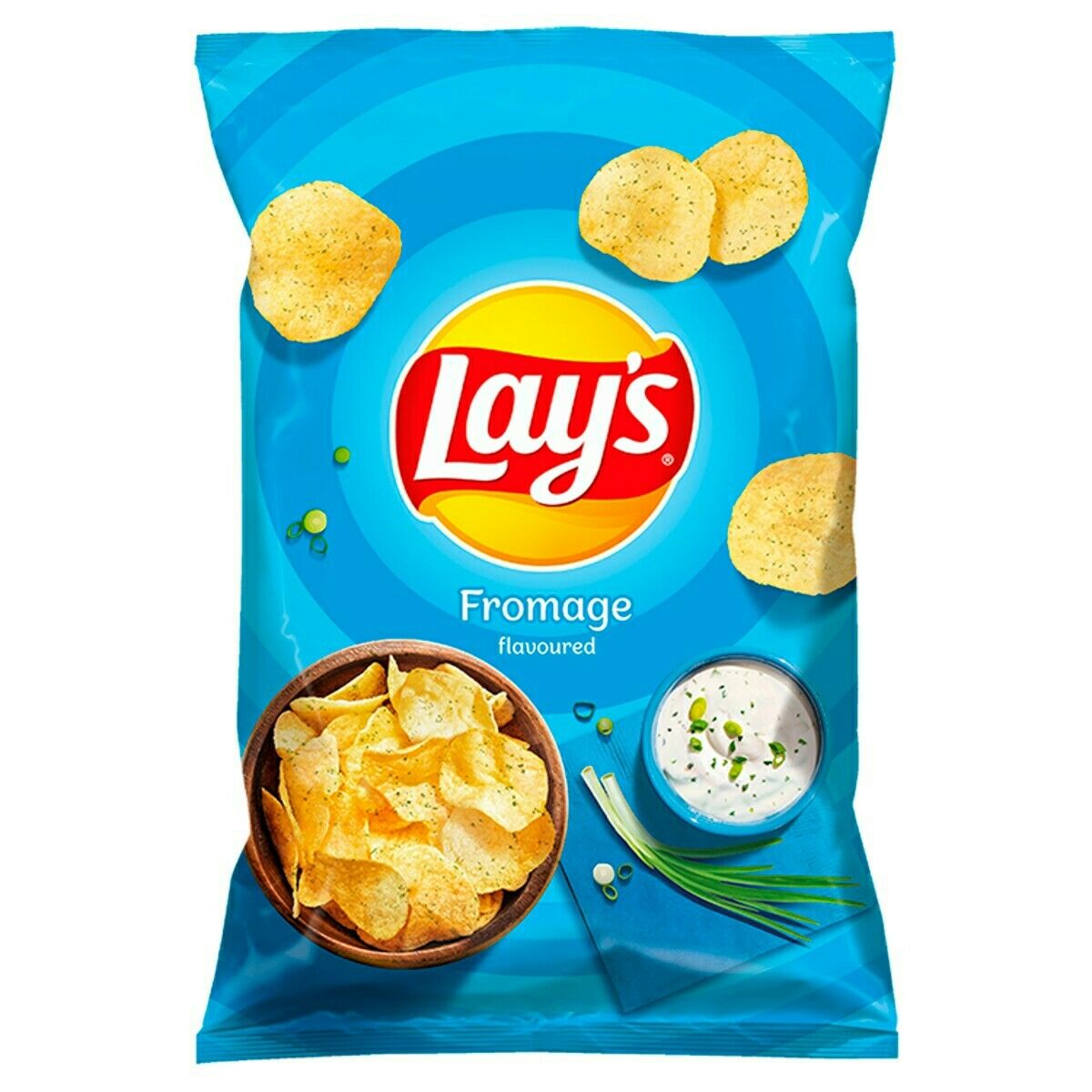 Front of Lay's Fromage (Cheese & Chive) bag featuring the Lay's logo, vibrant blue background, and illustration of crisps and a dip (130g pack)