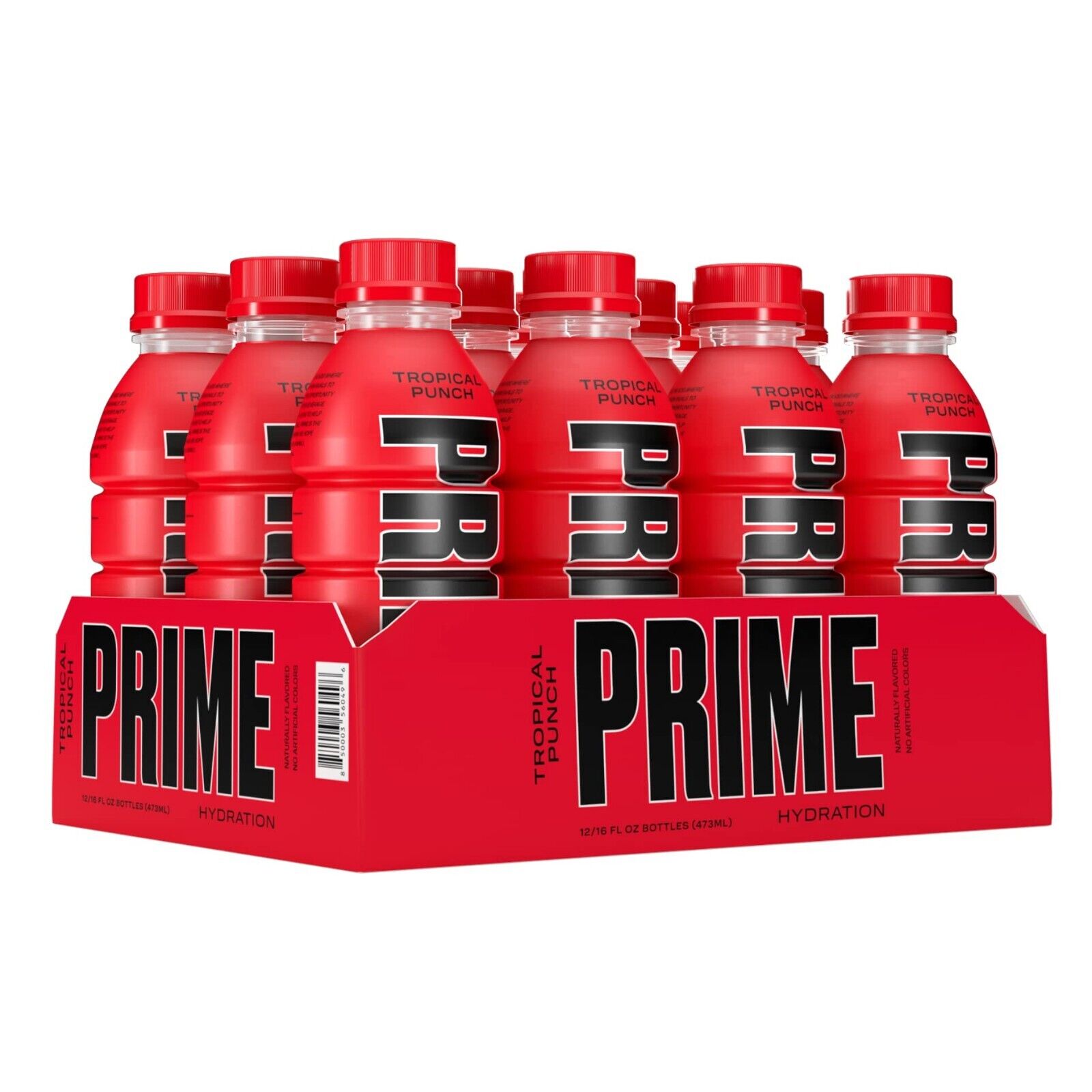 Front of Prime Hydration Tropical Punch 12 Pack showing vibrant red bottles labelled Tropical Punch, featuring a total of 12 x 500ml bottles.