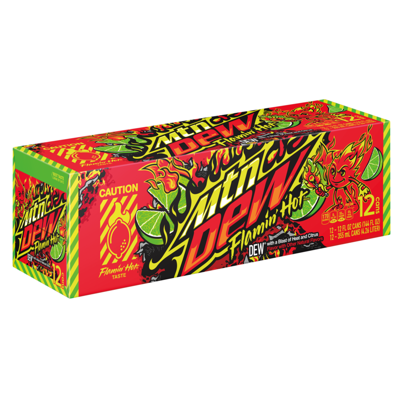 Front of Mountain Dew Flamin' Hot case showing vibrant red and green packaging with flame graphics and the logo (case of 12 cans, 355ml each)